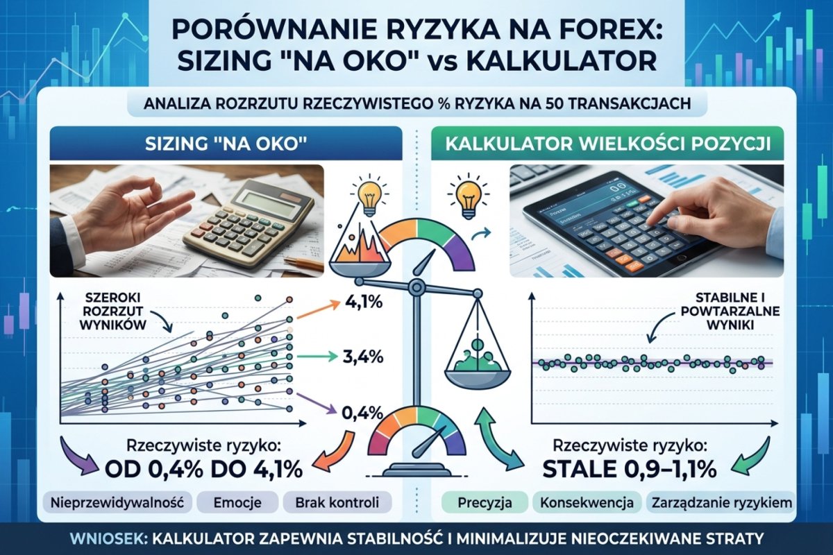 Rozrzut rzeczywistego procentu ryzyka przy wolumenie dobieranym z pamięci wobec wolumenu liczonego z odległości wyjścia — przy stałym wolumenie ryzyko zmienia się wraz z każdą zmianą odległości