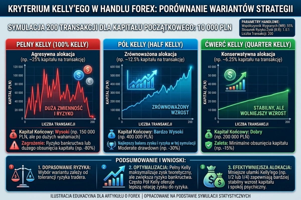 Kryterium Kelly'ego — pełna wartość 25%, połowa 12,5% i ćwiartka 6,25% dla tej samej pary parametrów: trafność 55% i relacja zysku do straty 1,5 — procent kapitału bieżącego przed transakcją, wartości ilustracyjne