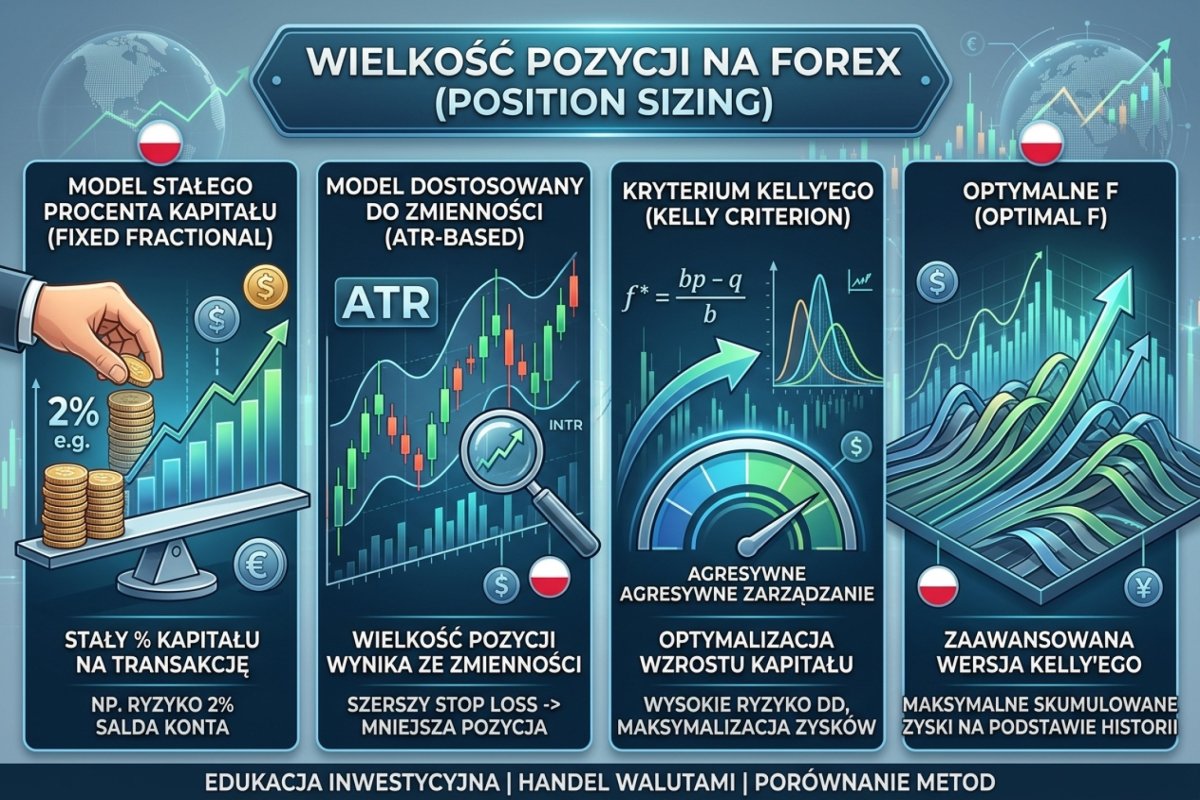 Wielkość pozycji na rynku walutowym — porównanie czterech modeli doboru wolumenu: stała frakcja kapitału, stała kwota wraz ze stałym wolumenem, model oparty na zakresie ruchu (ATR) oraz rodzina Kelly'ego, w której — przy dwóch możliwych wynikach transakcji — kryterium Kelly'ego i optimal f wyznaczają tę samą frakcję dwiema drogami