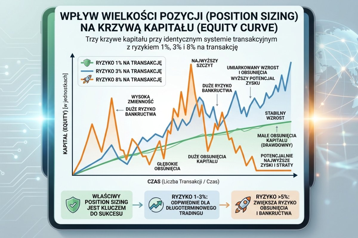 Wpływ doboru wielkości pozycji na przebieg kapitału — dwie ścieżki przy tym samym zbiorze reguł i ryzyku 1% oraz 8% kapitału bieżącego przed każdą transakcją (wartości ilustracyjne); wykres schematyczny, jedna realizacja z wielu możliwych