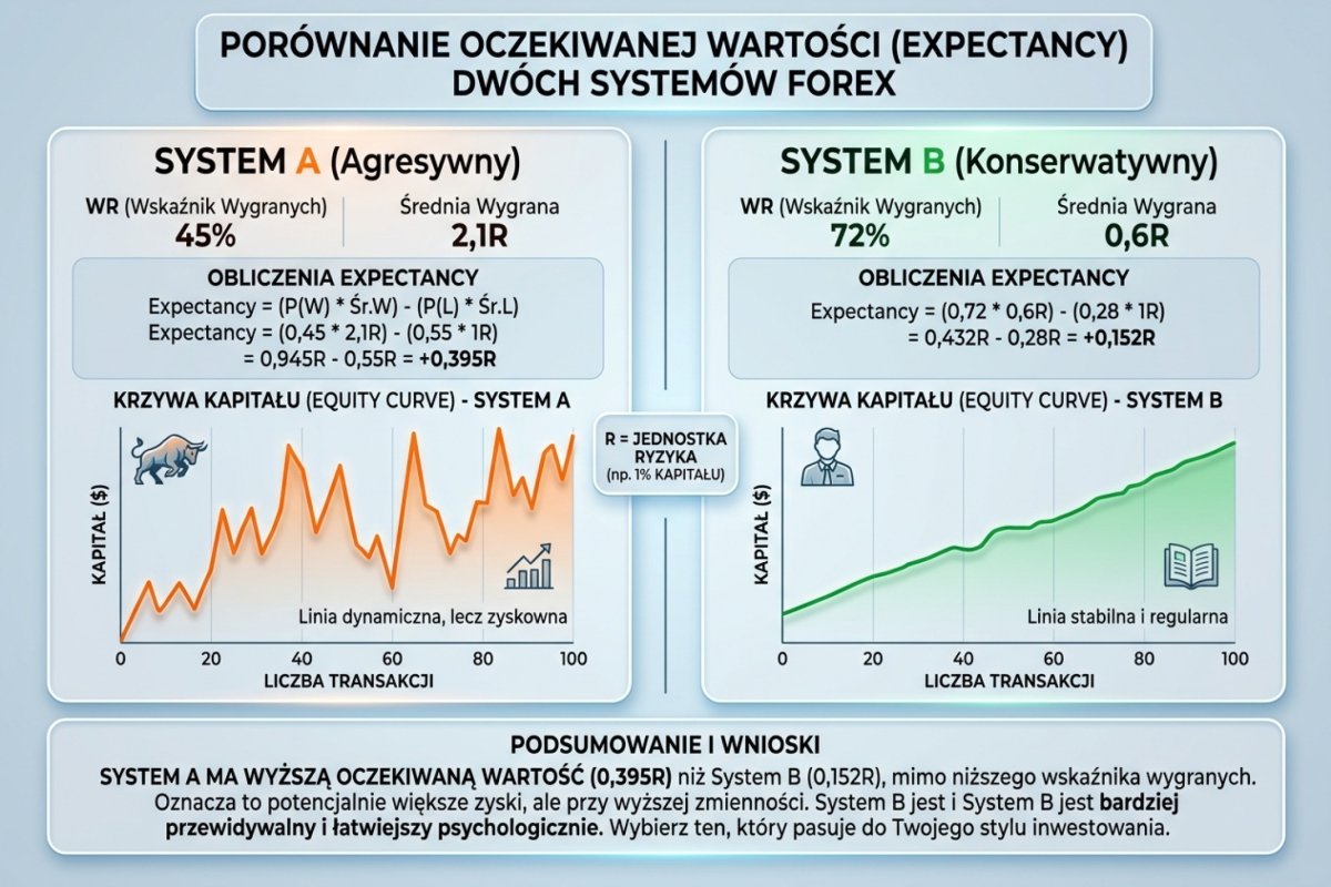 Dwa zestawy parametrów w jednym rachunku — trafność 45% przy relacji 1:2,1 i trafność 72% przy relacji 1:0,5, z wartością oczekiwaną brutto i netto