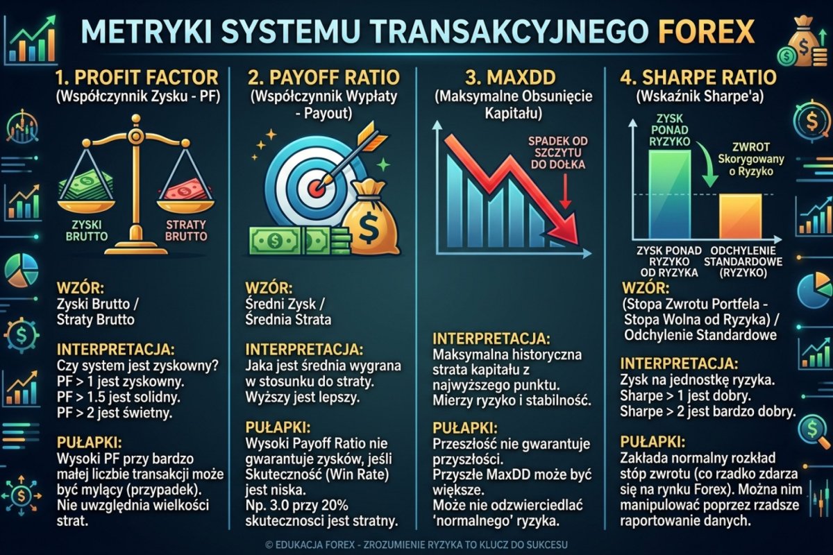 Miary liczone z tych samych trzech wielkości — wartość oczekiwana, współczynnik zysku i relacja zrealizowana, z zaznaczeniem, czego żadna z nich nie mierzy