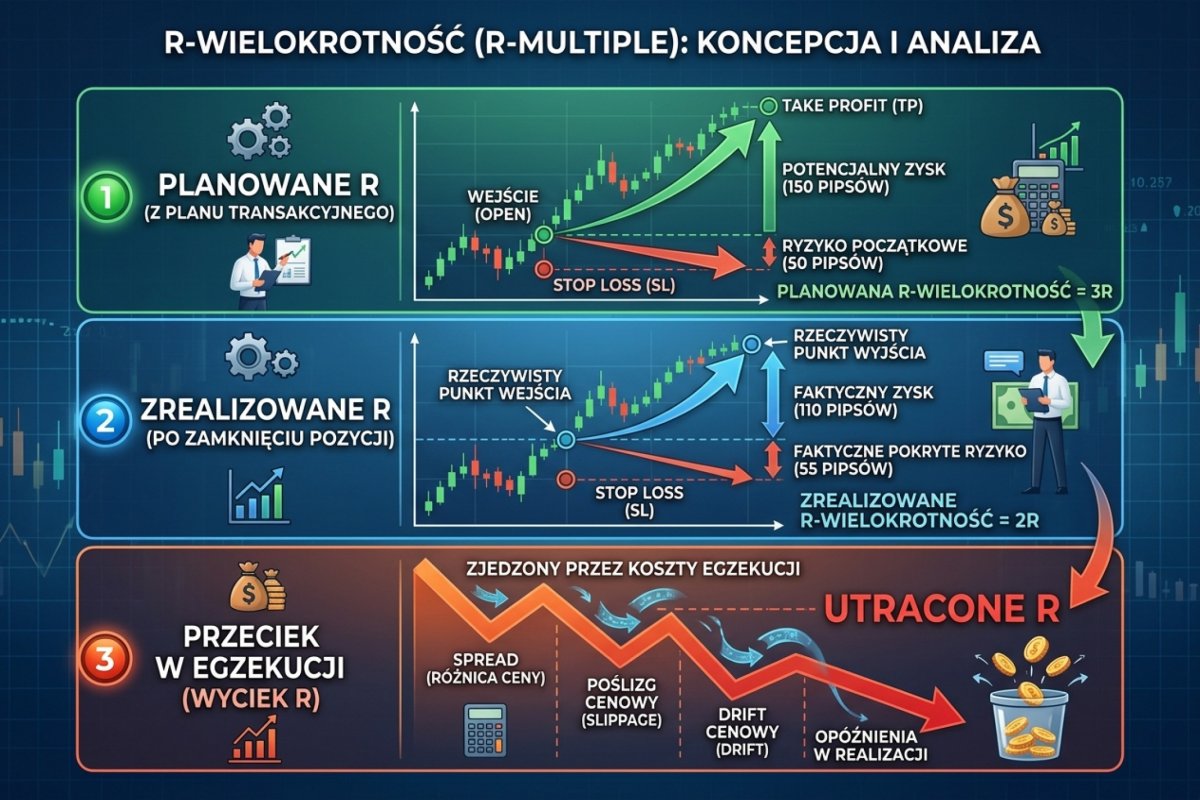 Trzy warstwy wyniku w jednostkach ryzyka — R planowane z geometrii zlecenia, R zrealizowane po zamknięciu i ubytek wykonania między nimi