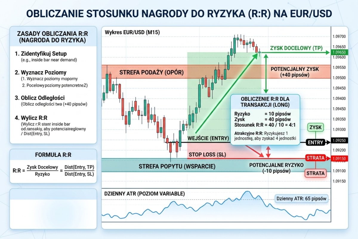 Relacja zysku do straty liczona z odległości: od ceny wejścia do wyjścia obronnego (strata) i od ceny wejścia do celu (zysk) — geometria zlecenia w momencie otwarcia