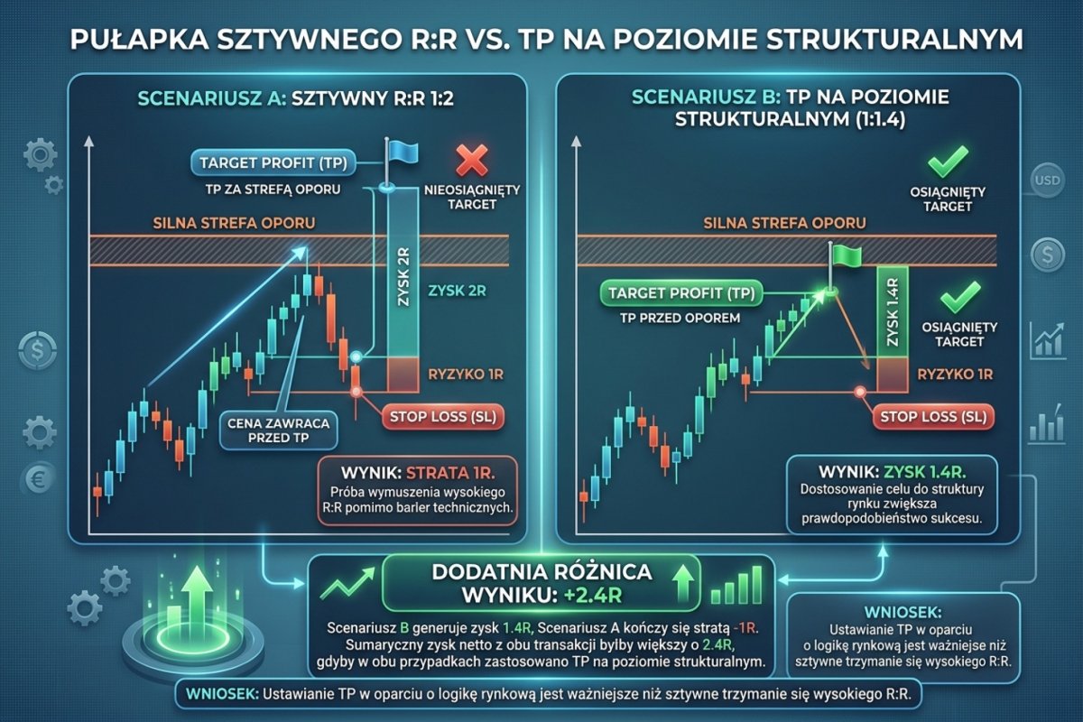 Sztywna relacja jako reguła — cel odmierzany jako wielokrotność odległości wyjścia obronnego zamiast wielkości wynikającej z hipotezy transakcji, i co się przez to zmienia w rachunku wartości oczekiwanej