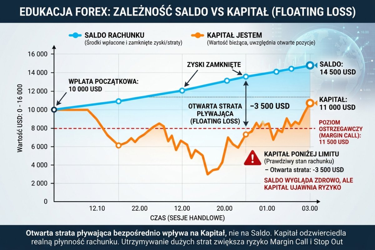 Saldo rozliczone i kapitał bieżący przy otwartej niezrealizowanej stracie — dwie różne liczby dla tego samego rachunku w tej samej chwili