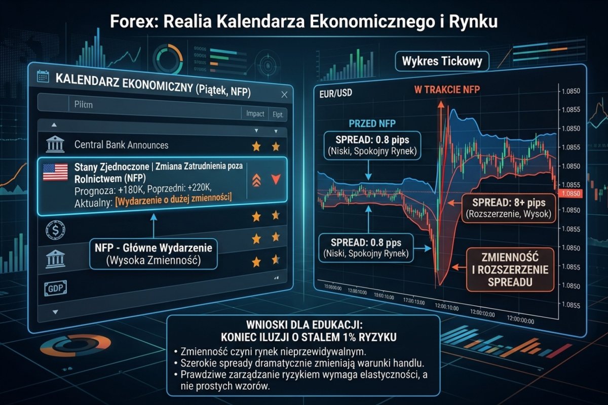 Rozszerzenie spreadu na EUR/USD w oknie publikacji danych — ta sama odległość wyjścia obronnego kosztuje wtedy więcej; kalendarz publikacji i charakterystykę odczytów opisuje dział 6