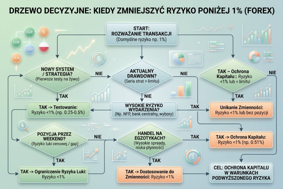 Kiedy przeliczyć ryzyko na transakcję w dół: nowy zbiór reguł, kapitał po obsunięciu, przerwa w handlu, instrument o szerokim spreadzie, okno publikacji danych