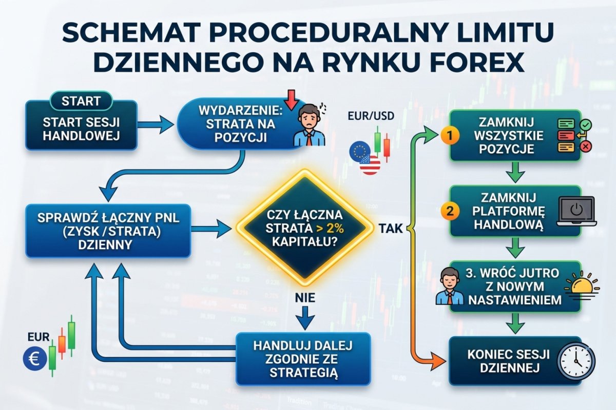 Schemat limitu dziennego: pomiar kapitału bieżącego na otwarcie dnia, bieżący wynik dnia, porównanie z progiem wyprowadzonym z liczby pełnych strat, zamknięcie pozycji po przekroczeniu