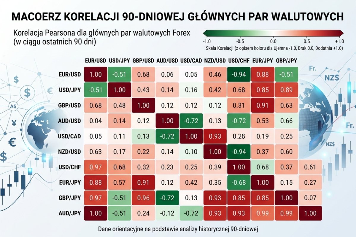 Zacieśnianie się zależności między parami z tą samą walutą w okresie gwałtownej zmiany cen — schemat kierunkowy, bez wartości współczynników; okno 90 sesji, którym schemat jest oznaczony, jest przykładowym parametrem takiego pomiaru, a nie wartością odczytaną z rysunku — żaden współczynnik i żadne okno nie wchodzą do rachunków tego artykułu; pomiar zależności, jego cztery parametry i rachunek ekspozycji łącznej należą do artykułu 9.9