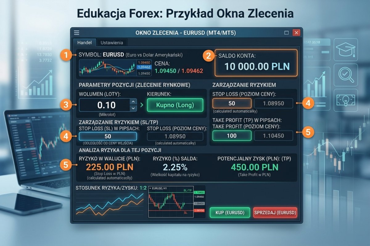 Ryzyko zaplanowane przed otwarciem pozycji: kapitał bieżący, odległość wyjścia obronnego i kwota ryzyka w walucie rachunku obok siebie — wolumen wynikający z tych wielkości liczy artykuł 9.5