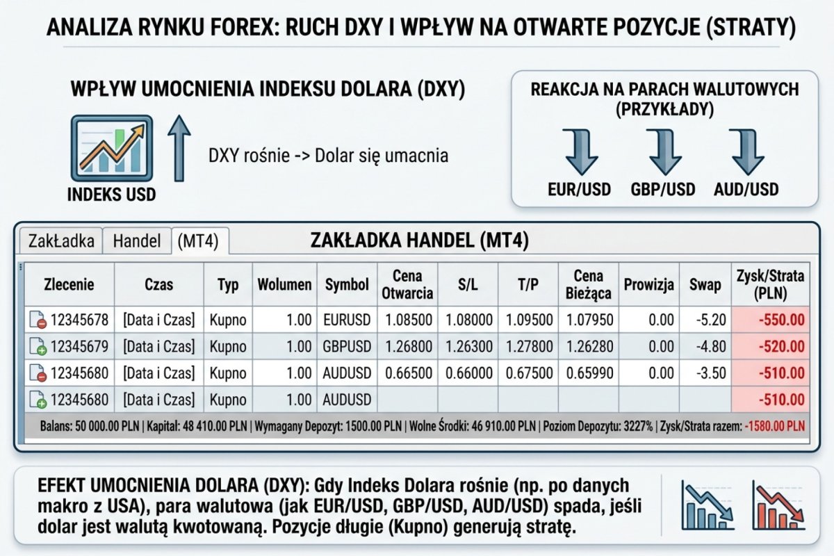 Trzy otwarte pozycje na EUR/USD, GBP/USD i AUD/USD w zakładce pozycji terminala — po drugiej stronie każdej z nich stoi ta sama waluta