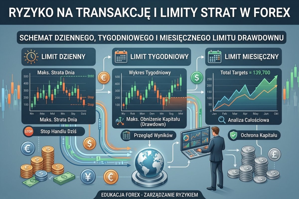 Ryzyko na transakcję i limity strat — kaskada limitu dziennego, tygodniowego i miesięcznego liczona od kapitału bieżącego
