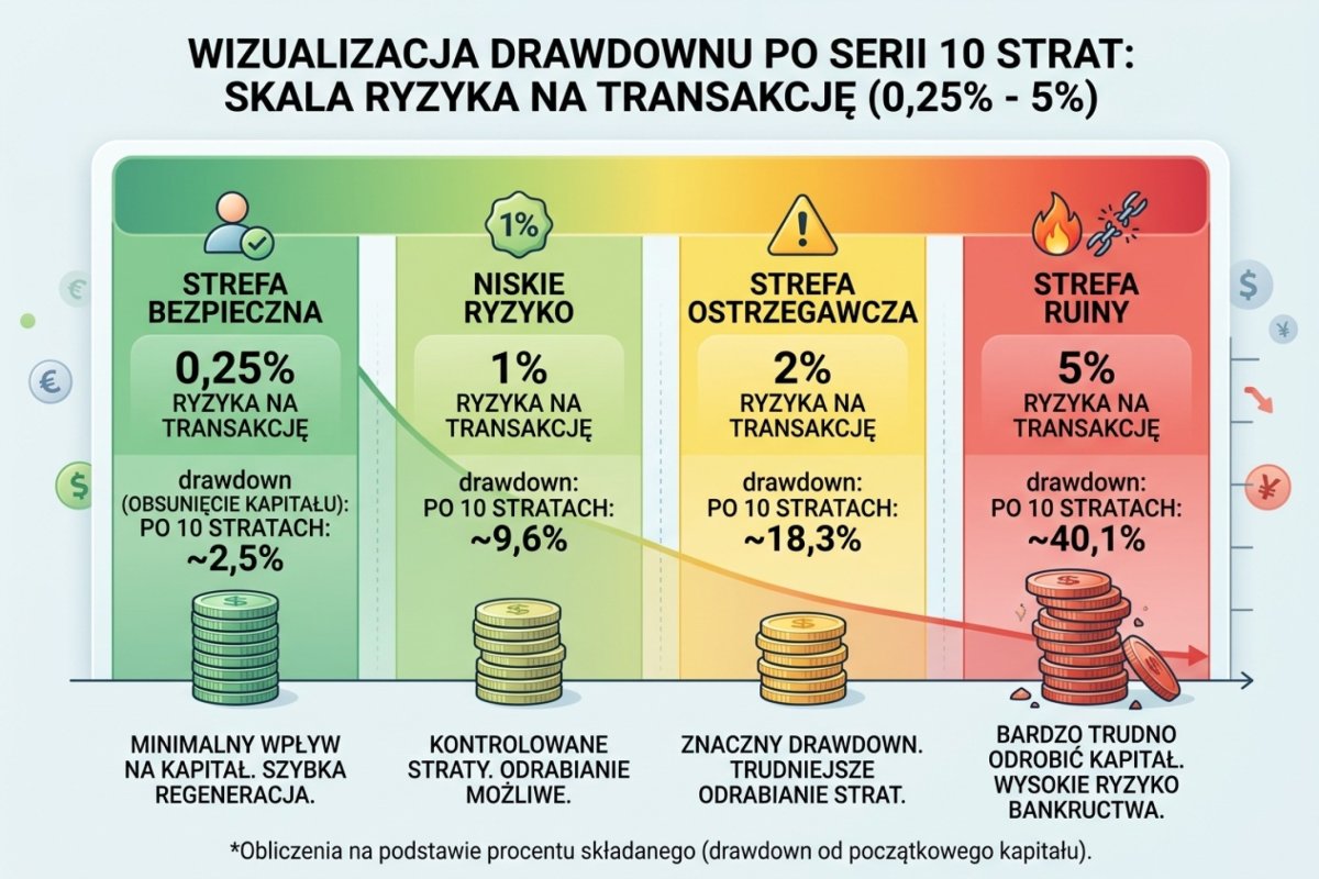 Obsunięcie kapitału po serii strat przy ryzyku od 0,25% do 5% na transakcję — te same liczby co w tabeli powyżej, wartości brutto, przy wykonaniu po cenie wyjścia obronnego; koszt wykonania z sekcji 4 podnosi stratę jednostkową, a obsunięcie liczy się z tej większej wartości, nie przez mnożenie gotowego wyniku