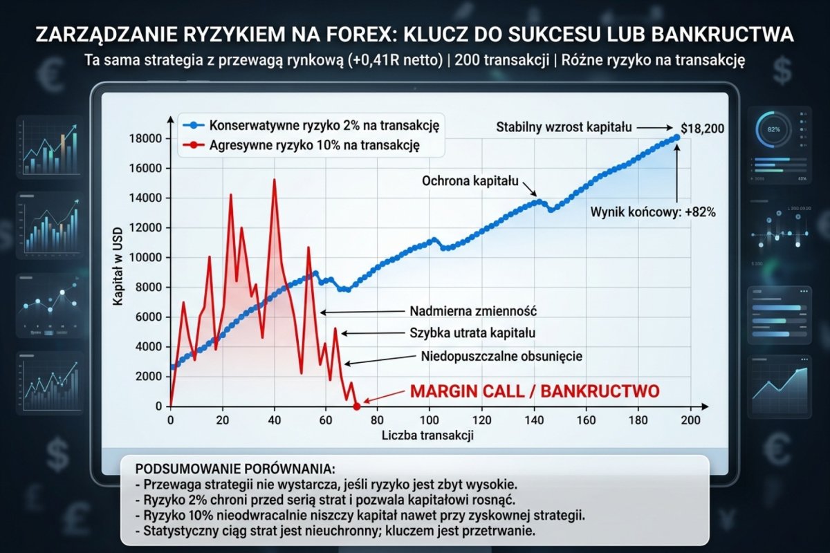 Ten sam ciąg trzydziestu wyników przy ryzyku 1%, 5% i 10% na transakcję — widoczne okno serii pięciu strat i moment, w którym rachunek o większym ryzyku schodzi poniżej kapitału początkowego. Wykres prowadzi wyłącznie te trzy warianty; poziom 2% występuje w tym artykule tylko w tabelach sekcji 4. Wartości ilustracyjne, waluta rachunku PLN.