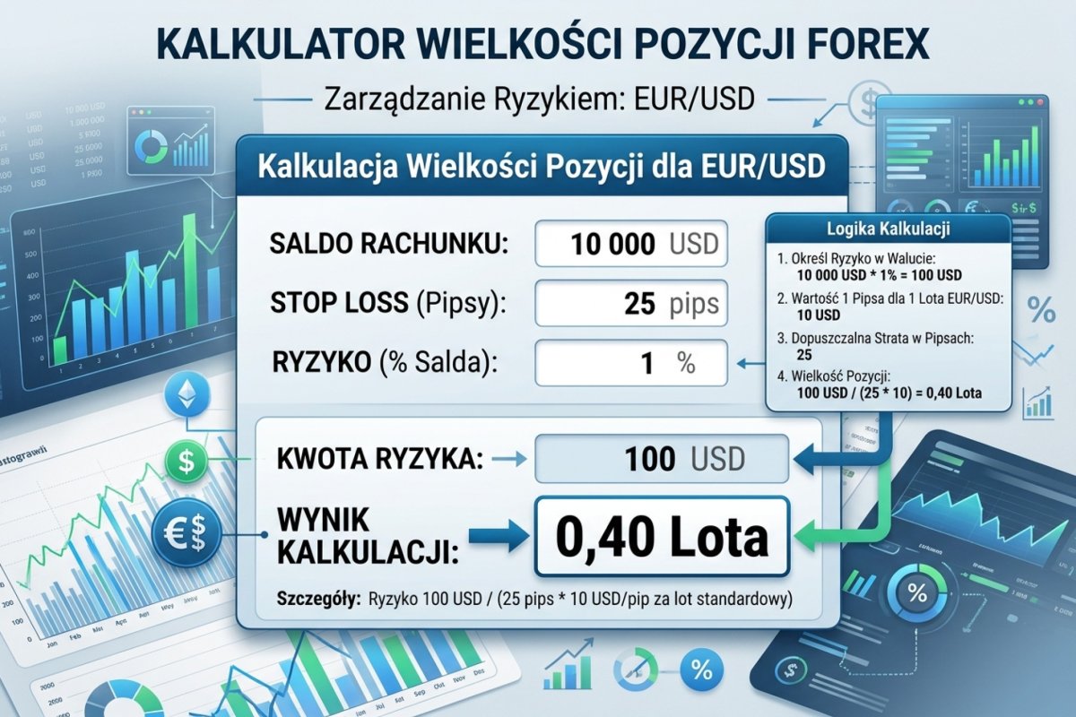 Wolumen jako ostatnie ogniwo łańcucha: dopiero kwota ryzyka i odległość wyjścia obronnego dają razem wynik w lotach. Pełny rachunek z przewalutowaniem, wartością pipsa i zaokrągleniem w dół do kroku wolumenu prowadzi artykuł 9.5.