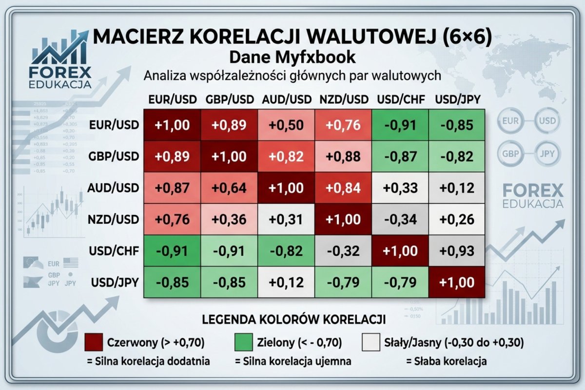 Liczba otwartych symboli nie jest miarą rozproszenia ryzyka: długa pozycja na EUR/USD i krótka na USD/CHF to dwie nazwy i jedna ekspozycja na dolara. Ilustracja poglądowa, bez wartości liczbowych — okresu, częstotliwości, transformacji, liczby obserwacji i daty pomiaru, których wymaga każda macierz korelacji, ta grafika nie podaje. Ten artykuł rozstrzyga wyłącznie, że jest to pomylenie kategorii; pomiar zależności i rachunek ekspozycji łącznej należą do artykułu 9.9.