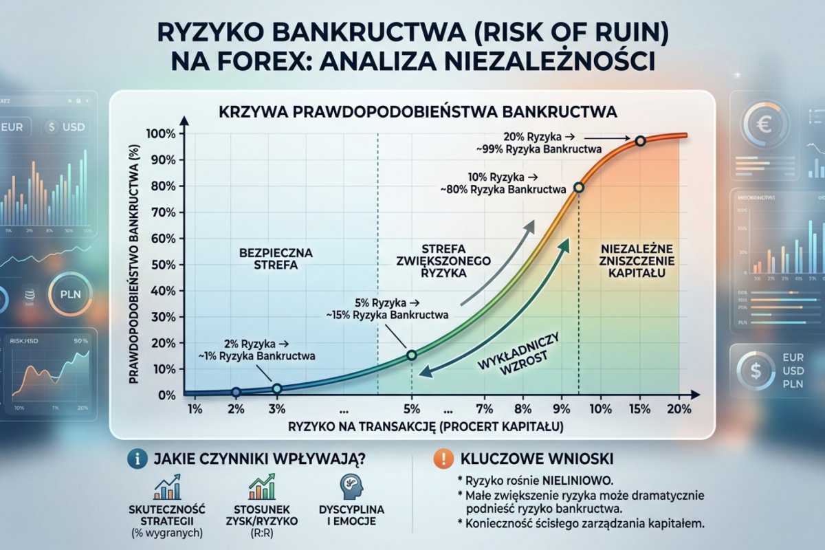 Prawdopodobieństwo trwałej utraty kapitału rośnie wraz z ułamkiem ryzyka na transakcję — kierunek tej zależności jest wynikiem modelu dwuwynikowego o niezależnych wynikach, nie pomiarem, i obowiązuje przy dodatniej wartości oczekiwanej; przy ujemnej wartości oczekiwanej i nieograniczonym horyzoncie prawdopodobieństwo to wynosi 1 niezależnie od ułamka ryzyka. To jedyna teza, którą ten artykuł z tej zależności bierze; wartości, wariant modelu, przyjęty próg ruiny i lista założeń należą do artykułu 9.2.