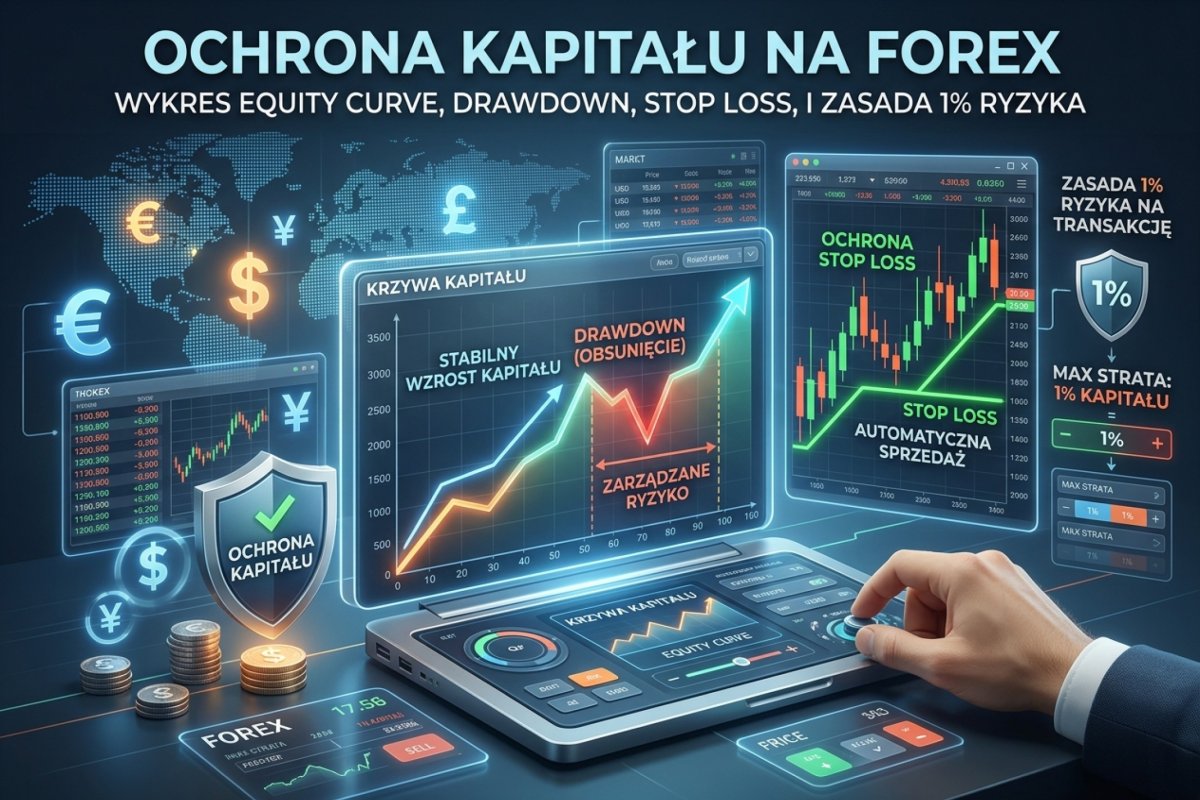 Ochrona kapitału na rynku walutowym — ta sama seria strat na trzech rachunkach o różnym ryzyku na transakcję, z zaznaczonym momentem najgłębszego obsunięcia kapitału