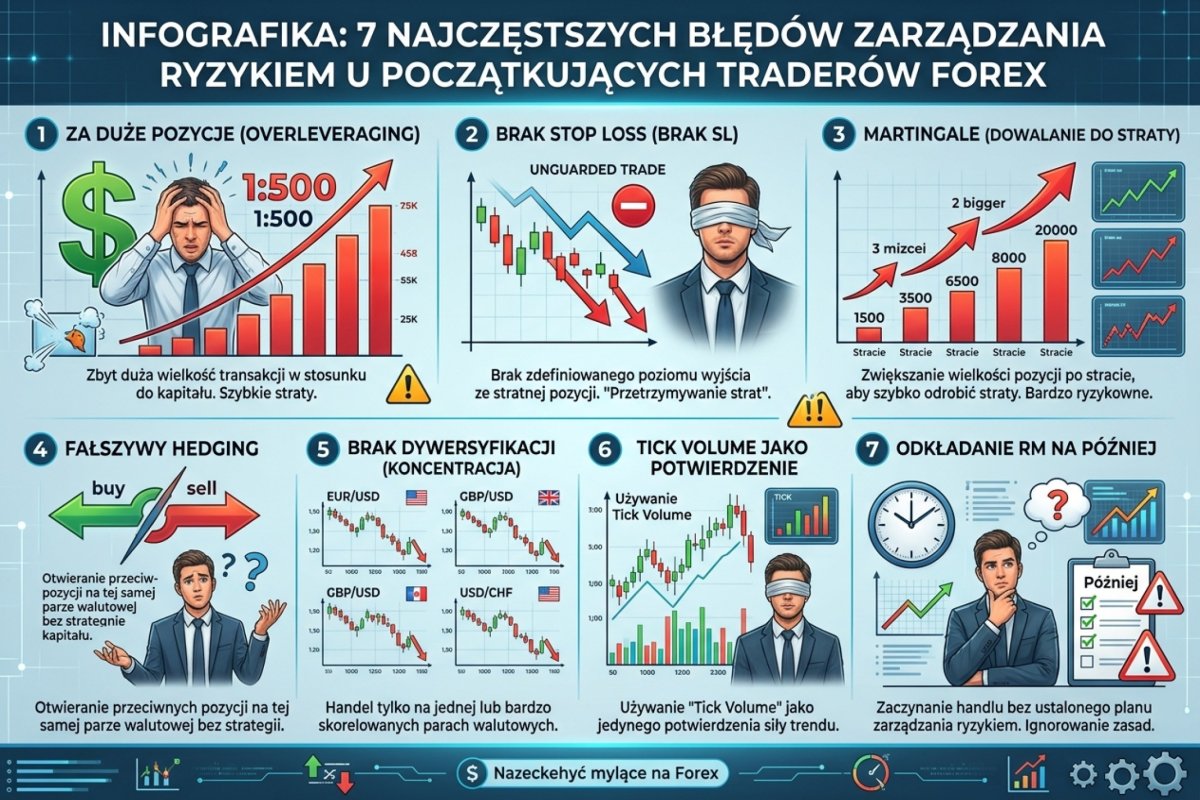 Powtarzalne błędy w obchodzeniu się z ryzykiem na rachunku detalicznym. Ten artykuł rozstrzyga wyłącznie jeden z nich — kolejność decyzji i bazę, wobec której liczy się procent; pozostałe mają własne numery w dziale 9 i tam są policzone.