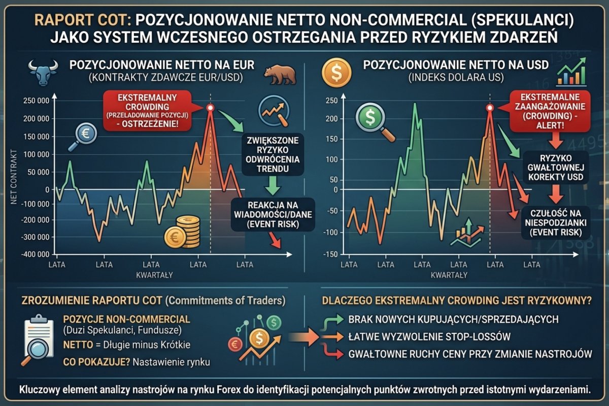 Ilustracja do sekcji o oknie publikacji. Odczyt pozycjonowania uczestników rynku terminowego należy do działu 7 i nie jest w tym artykule wykładany; dla rachunku straty przy luce istotne jest wyłącznie to, że jednoczesne zamykanie pozycji w jednym kierunku zmniejsza liczbę ofert po stronie przeciwnej