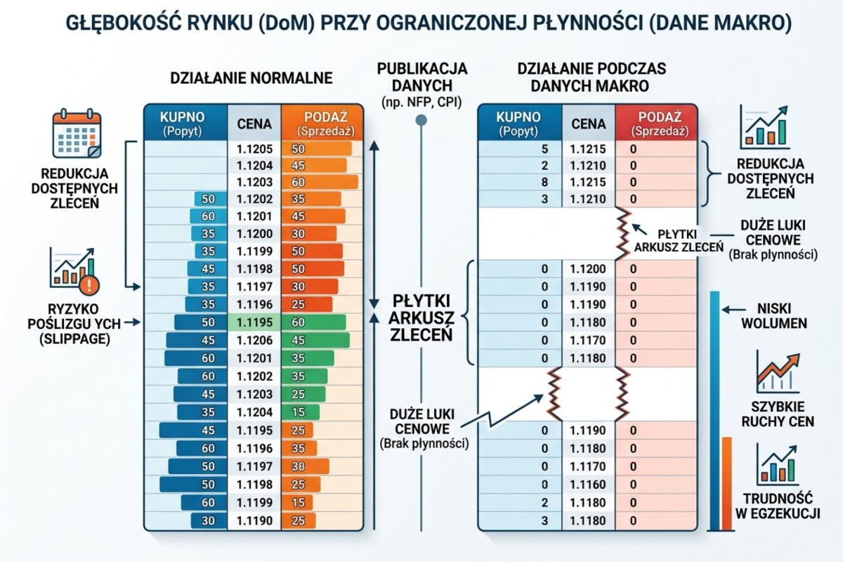 Arkusz zleceń przed publikacją i w jej trakcie — ubytek ofert po obu stronach oznacza, że zlecenie obronne po aktywacji szuka ceny w rzadszej książce, a odległość między kolejnymi dostępnymi cenami rośnie