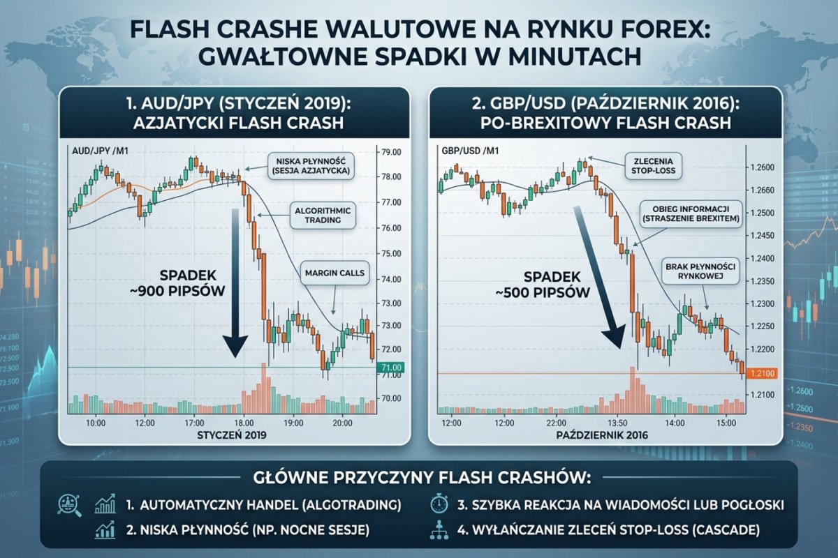 Dwa epizody nagłego ubytku płynności opisane poziomami: funt 7 października 2016 z okolic 1,2600 do 1,1491 w około 40 sekund oraz jen 3 stycznia 2019 wokół otwarcia sesji azjatyckiej — z zaznaczoną rozbieżnością między platformami