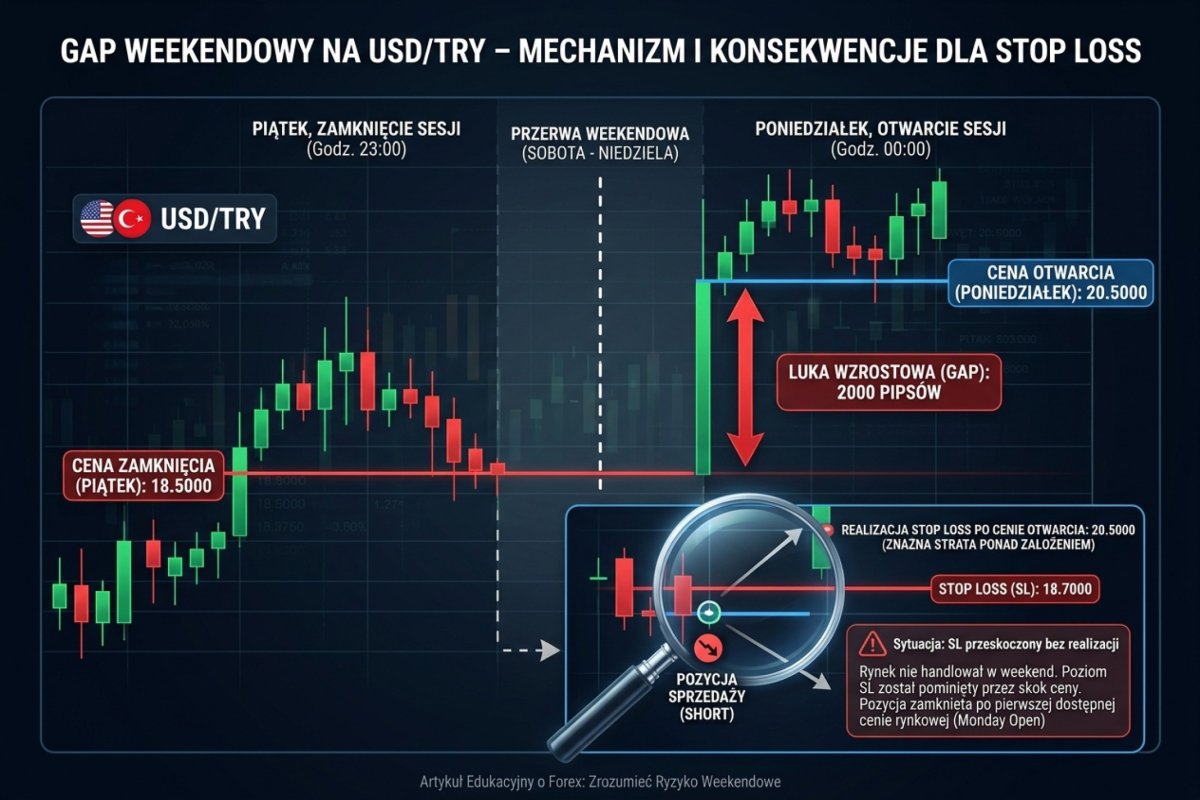 Przerwa w handlu i wycena zdarzenia jednym skokiem na otwarciu — zlecenie obronne pozostaje w tym czasie zapisem intencji, bo nie ma rynku, na którym mogłoby się wykonać