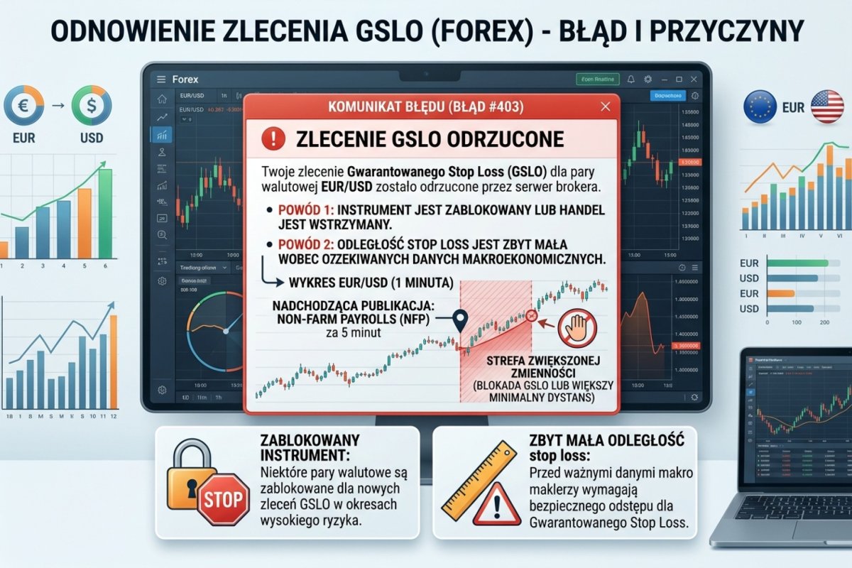Odrzucenie zlecenia z gwarancją wykonania z powodu zbyt małej odległości od ceny bieżącej — warunki gwarancji zaostrzają się w tym samym oknie, w którym miałaby ona zadziałać; zrzut poglądowy, wartości ilustracyjne