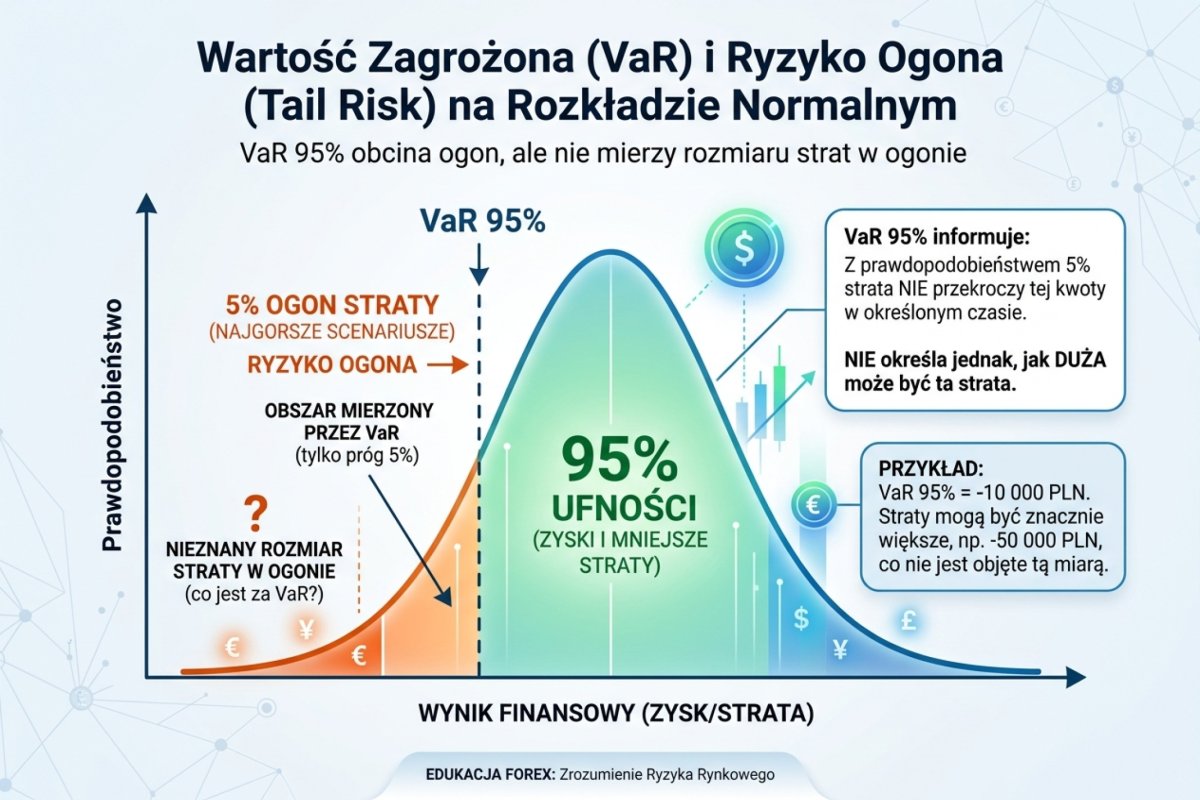 Wartość zagrożona jako punkt odcięcia rozkładu — miara opisuje granicę, poniżej której mieści się 95% obserwacji z okna, i nie mówi nic o wielkości strat po drugiej stronie tej granicy
