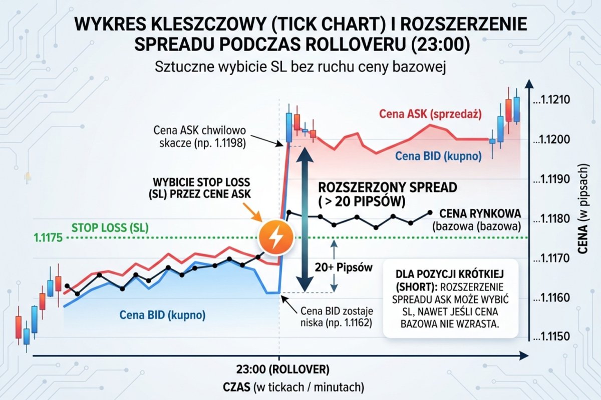 Rozejście się ceny kupna i ceny sprzedaży w oknie przełomu dnia rozliczeniowego — poziom pozycji krótkiej bywa wtedy testowany ceną kupna przy niemal nieruchomej cenie sprzedaży; wielkość rozejścia zależy od instrumentu i pośrednika, wartości ilustracyjne