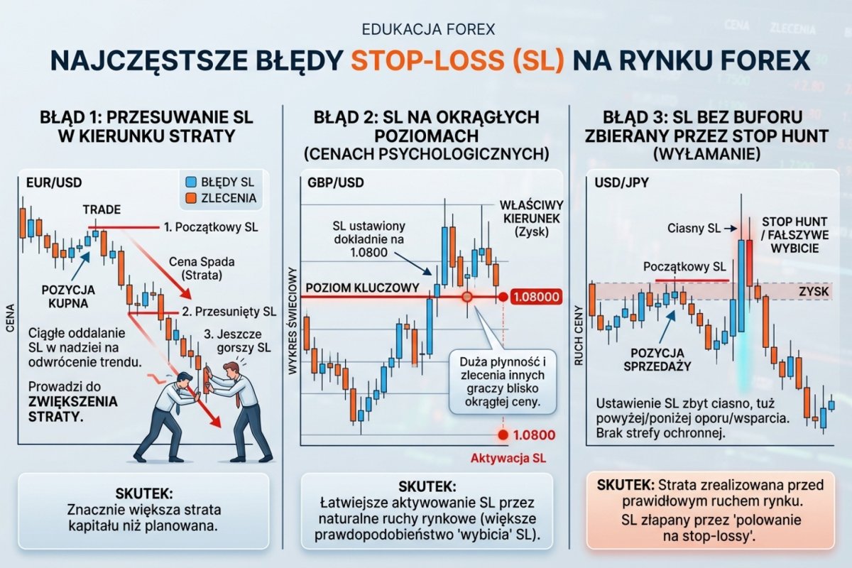 Trzy typowe błędy: odsunięcie poziomu po otwarciu pozycji, poziom postawiony dokładnie na okrągłej cenie i poziom bez bufora — pierwszy podnosi ryzyko zrealizowane ponad zaplanowane, dwa pozostałe nie zmieniają kwoty ryzyka zamierzonego, zmieniają natomiast częstość zamknięć oraz wrażliwość pozycji na poślizg i lukę