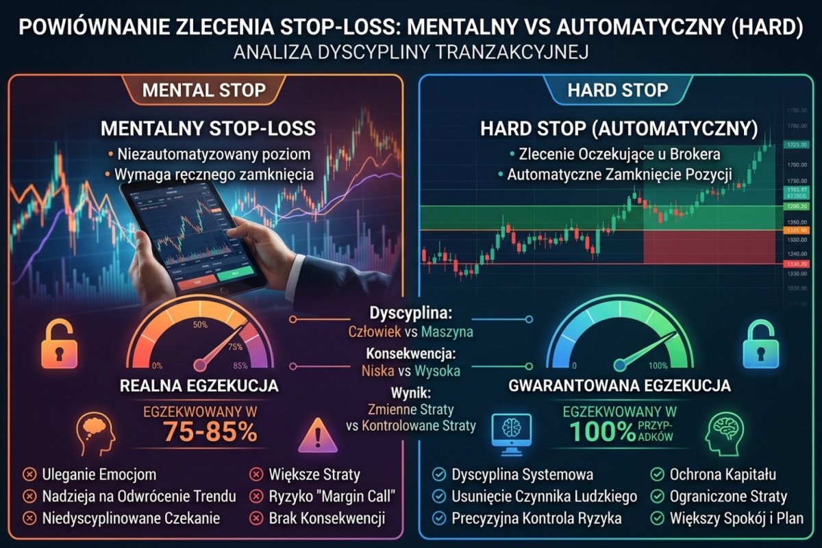 Poziom zapisany jako zlecenie i poziom zapisany jako notatka — zestawienie warunków, w jakich każdy z nich zostaje wykonany: zlecenie działa bez obecności posiadacza rachunku i bez działającego łącza, notatka wymaga obecności, drogi wykonania i decyzji naraz; ceny wykonania nie gwarantuje żaden z dwóch wariantów