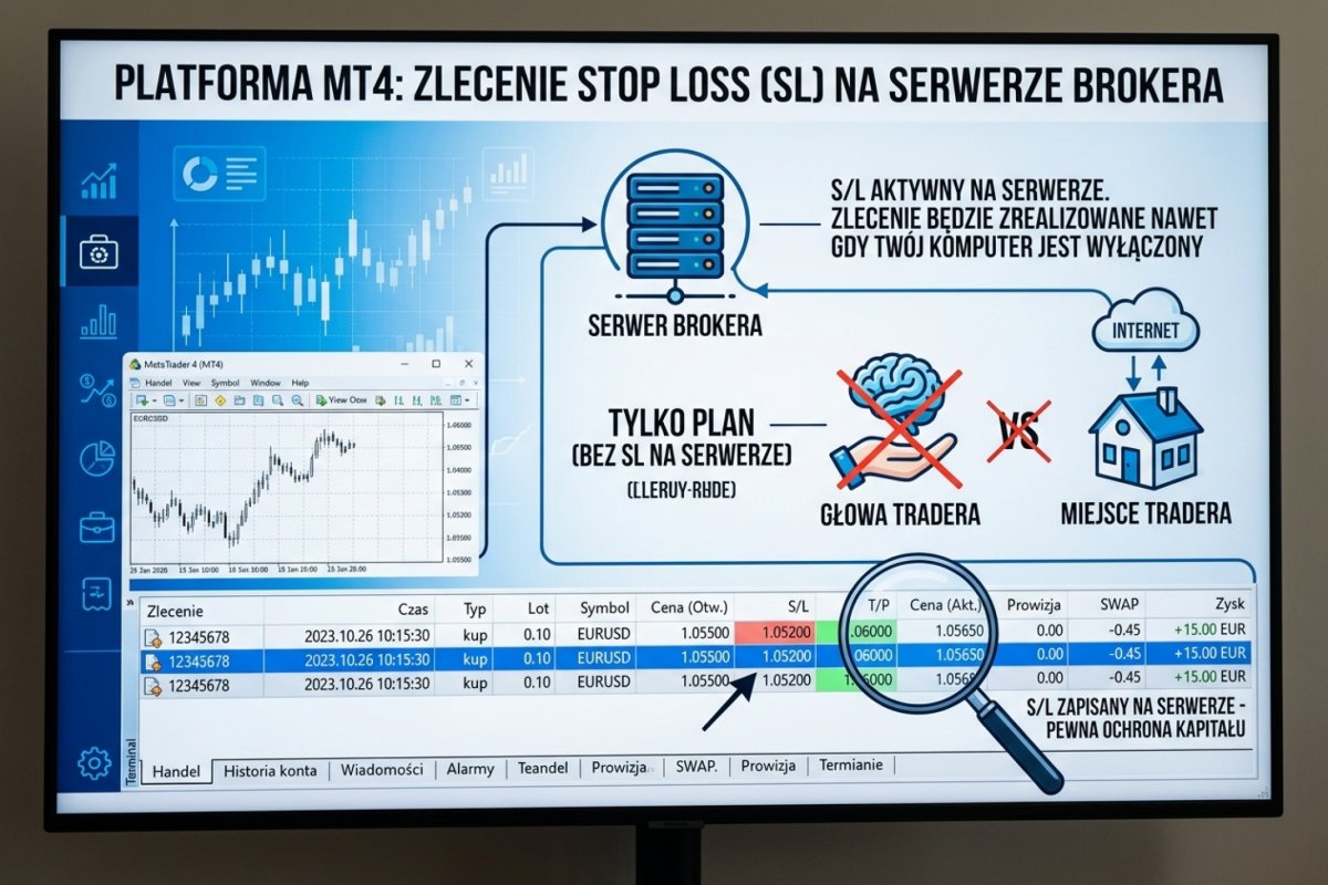Poziom obronny zapisany jako zlecenie po stronie pośrednika i widoczny przy pozycji w terminalu — zapis w zleceniu jest warunkiem, żeby strata zamierzona była w ogóle zdefiniowana; ceny wykonania nadal nie wyznacza