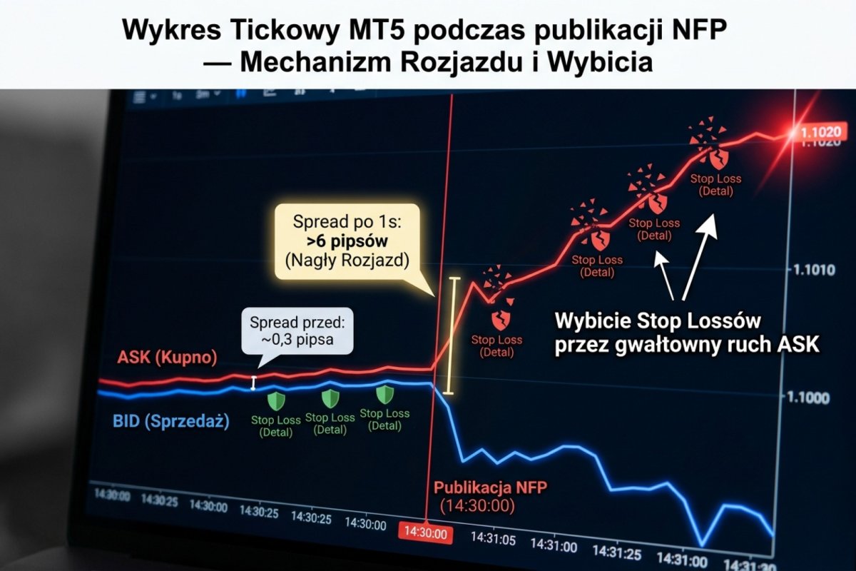 Wykres tickowy w oknie publikacji danych z rynku pracy — cena kupna i cena sprzedaży rozchodzą się, więc poziom pozycji krótkiej bywa testowany bez ruchu ceny sprzedaży; wielkość rozejścia zależy od instrumentu, pory doby i pośrednika, wartości ilustracyjne