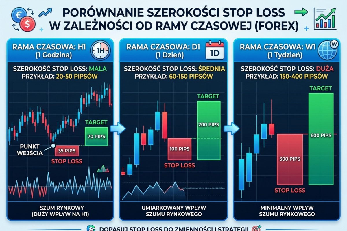 Ta sama hipoteza postawiona na wykresie godzinnym, dziennym i tygodniowym daje różne odległości poziomu unieważnienia, a przy stałej kwocie ryzyka — różne wolumeny; sposób odczytania struktury na wykresie opisuje dział o analizie technicznej, wartości ilustracyjne