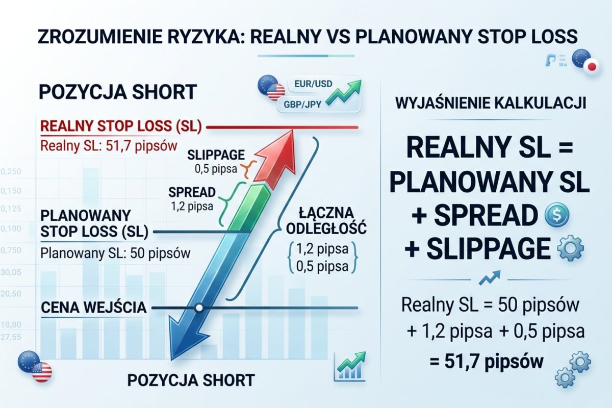 Odległość zaplanowana powiększona o różnicę cen i o założony poślizg — udział kosztu wykonania w odległości rośnie tym szybciej, im bliżej ceny wejścia postawiono poziom; kwoty oznaczają stratę zamierzoną przy założonym koszcie wykonania — cena wykonania i strata faktyczna mogą być gorsze, wartości ilustracyjne