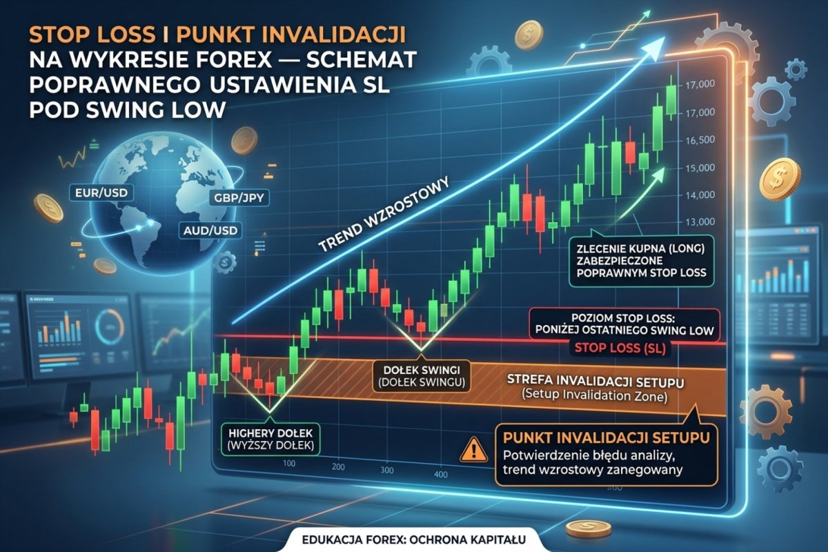 Wyjście obronne i punkt unieważnienia — schemat: poziom, przy którym założenie transakcji przestaje obowiązywać, ustalany przed wielkością pozycji; poziom wyznacza stratę zamierzoną, a nie cenę wykonania