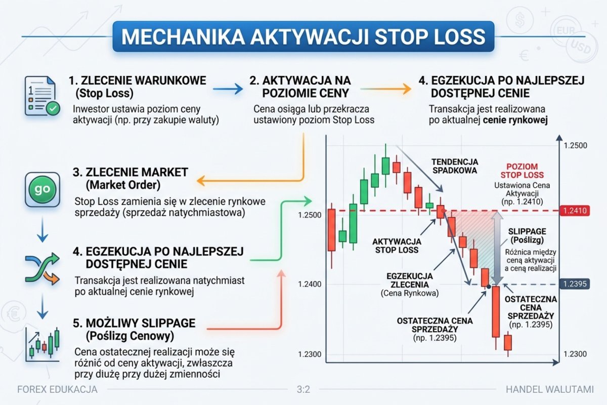 Aktywacja i wykonanie to dwa różne zdarzenia — dotknięcie poziomu uruchamia zlecenie, wykonanie następuje po pierwszej dostępnej cenie; różnica między nimi jest tym, co odróżnia stratę zamierzoną od zrealizowanej