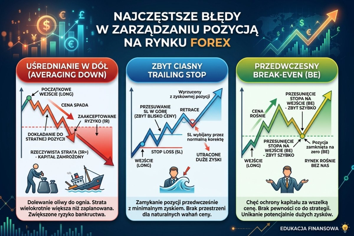Trzy błędy o mierzalnym koszcie — dokładanie do pozycji stratnej (strata 3R zamiast 1R), parametr wyjścia podążającego mniejszy od zwykłego cofnięcia oraz przesunięcie na poziom otwarcia po zbyt małym ruchu; wartości ilustracyjne