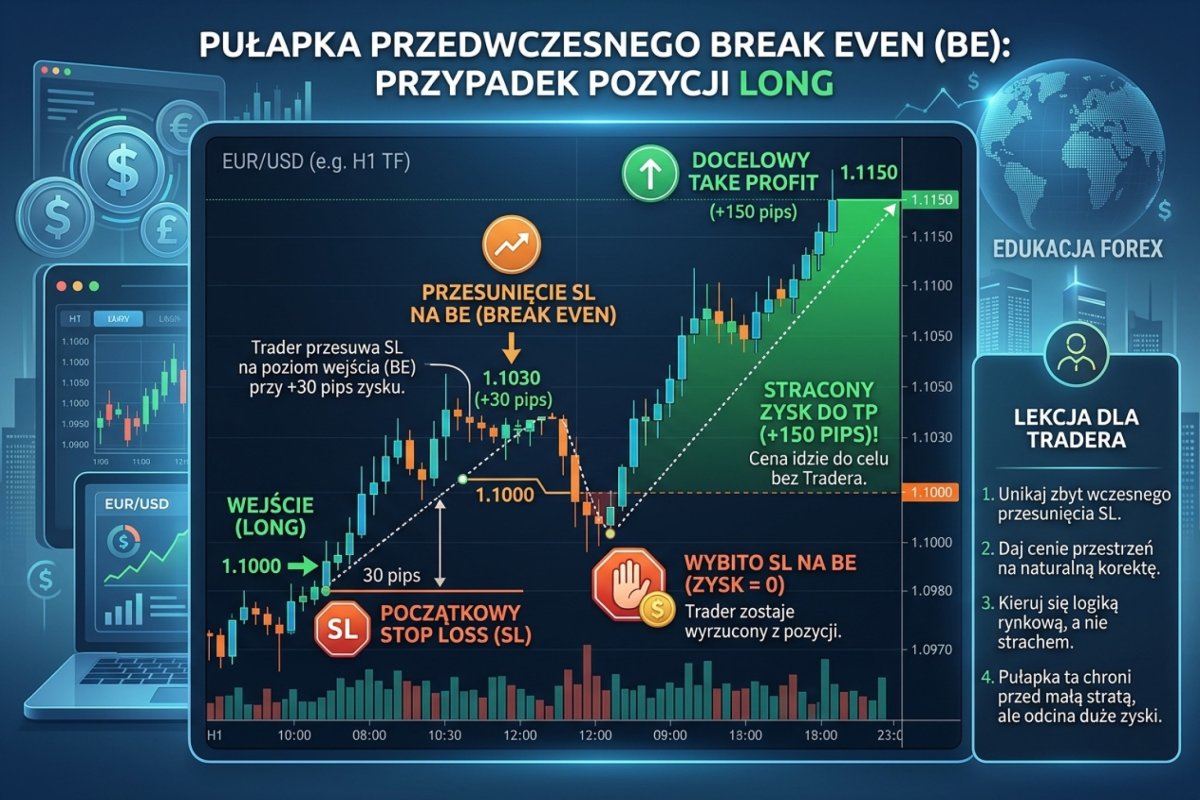 Przesunięcie wyjścia na poziom otwarcia po ruchu +30 pipsów — cofnięcie w granicach zwykłej zmienności zamyka pozycję przed kontynuacją ruchu; wartości ilustracyjne dla pozycji długiej EUR/USD