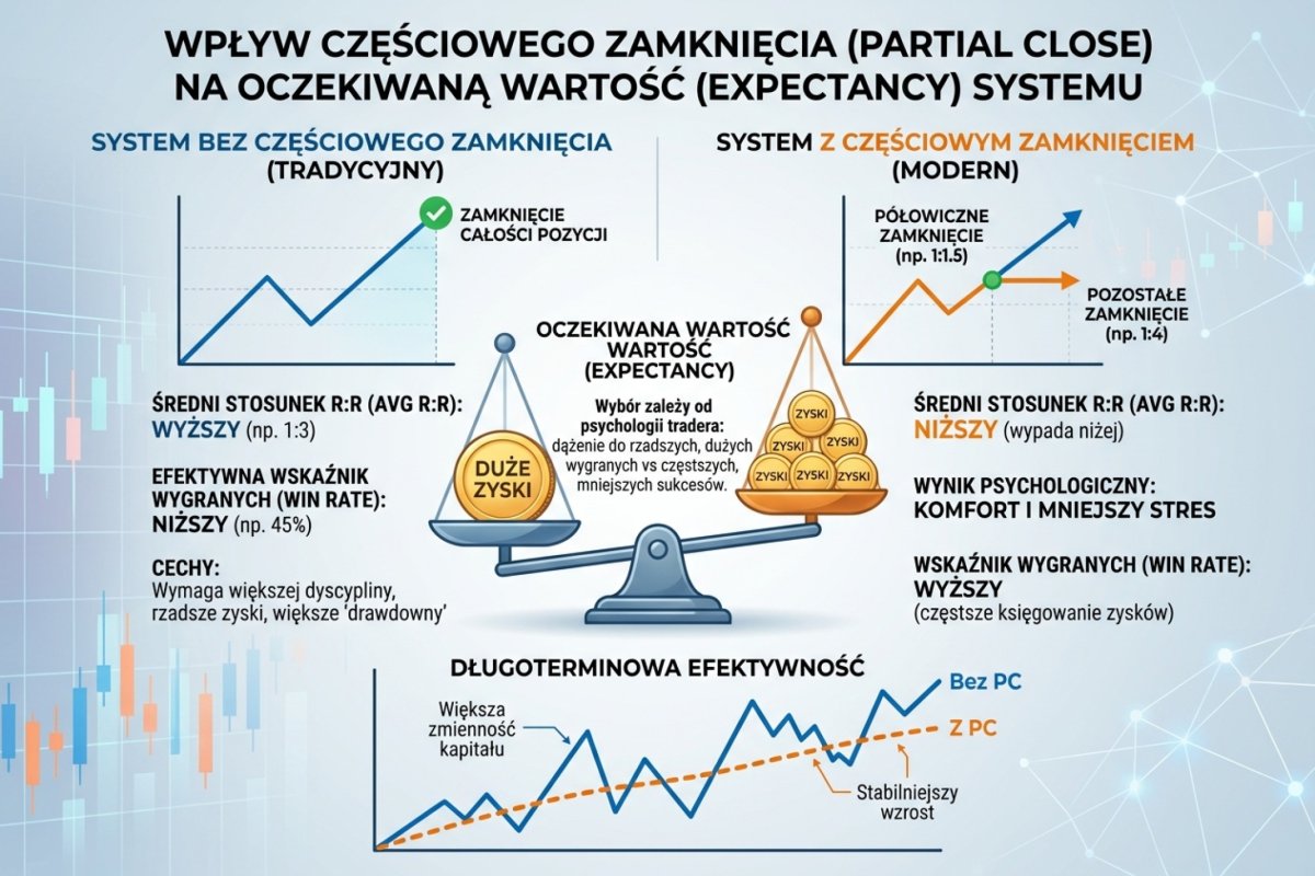 Ta sama seria rozliczona cztery razy — bez ingerencji, z przesunięciem wyjścia na poziom otwarcia przy progu +1,0R, z częściową realizacją połowy pozycji oraz z przesunięciem przy progu +2,0R; porównanie sumy serii, wartości oczekiwanej i maksymalnego obsunięcia na wartościach ilustracyjnych