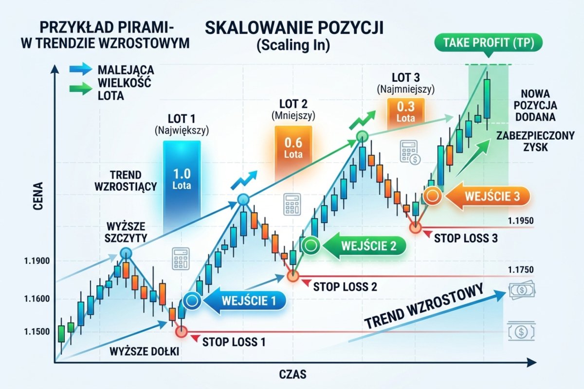 Trzy transze dokładane w trakcie ruchu wzrostowego — każda z własnym punktem unieważnienia i własnym wyjściem obronnym; ekspozycja skumulowana rośnie trzykrotnie, a luka przeskakująca wszystkie trzy poziomy obronne do ceny pierwszego wejścia daje stratę 4,4R wobec 3,0R ryzyka planowanego; przy zwykłym cofnięciu do 1,0870, gdy oba dalsze zlecenia wykonują się po swoich cenach, strata wynosi 1,6R. Wartości ilustracyjne