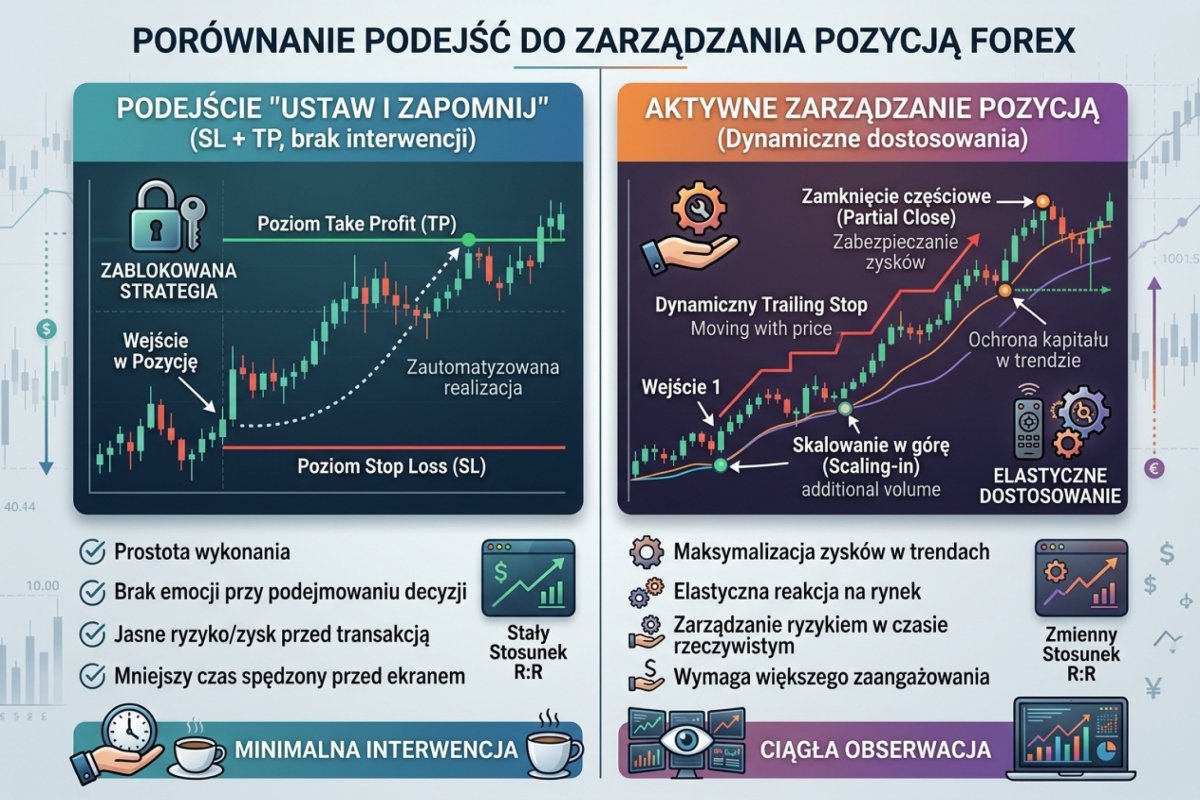 Dwa tryby prowadzenia otwartej pozycji — bez ingerencji (wyjście obronne i cel ustawione przy wejściu) oraz z regułami zmiany zapisanymi przed wejściem; oba warianty rozliczane na tej samej serii