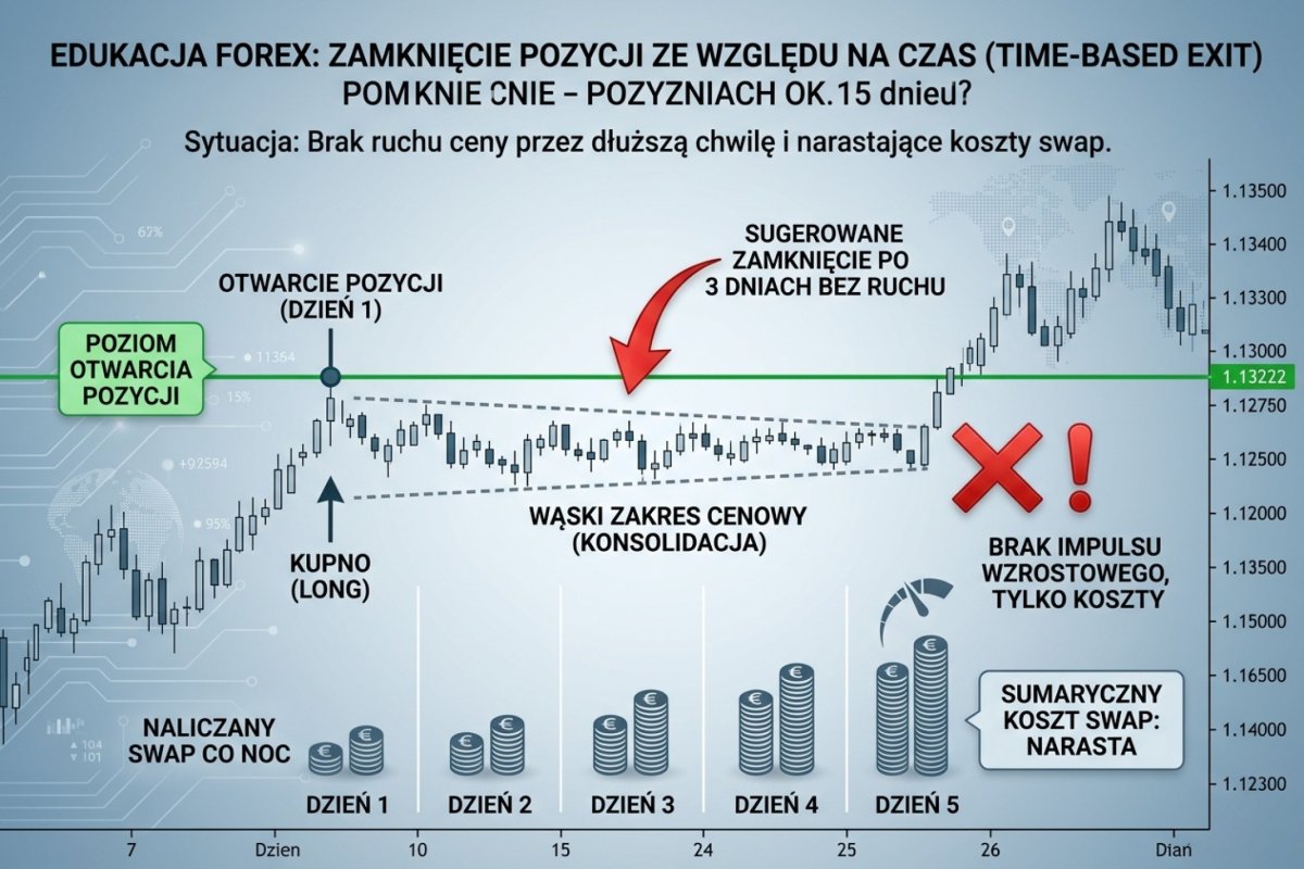 Zamknięcie po czasie — pozycja bez rozstrzygnięcia przez pięć dni, cena w wąskim zakresie, punkty swapowe naliczane za każdą dobę; próg czasu i definicja braku ruchu zapisane przed wejściem