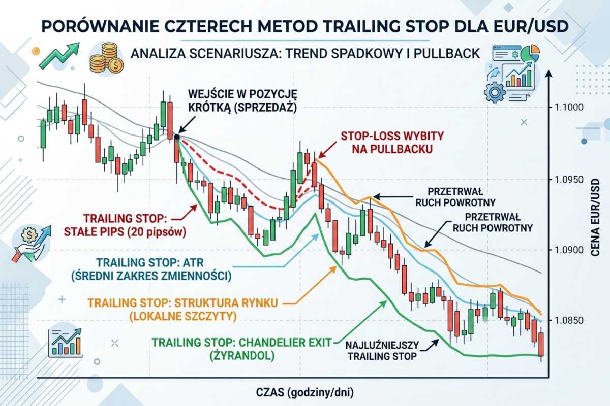 Cztery warianty wyjścia podążającego na przebiegu EUR/USD z jednym cofnięciem — wariant o stałej odległości zamyka pozycję przed kontynuacją, trzy pozostałe uczestniczą w ruchu i oddają więcej zysku przy odwróceniu