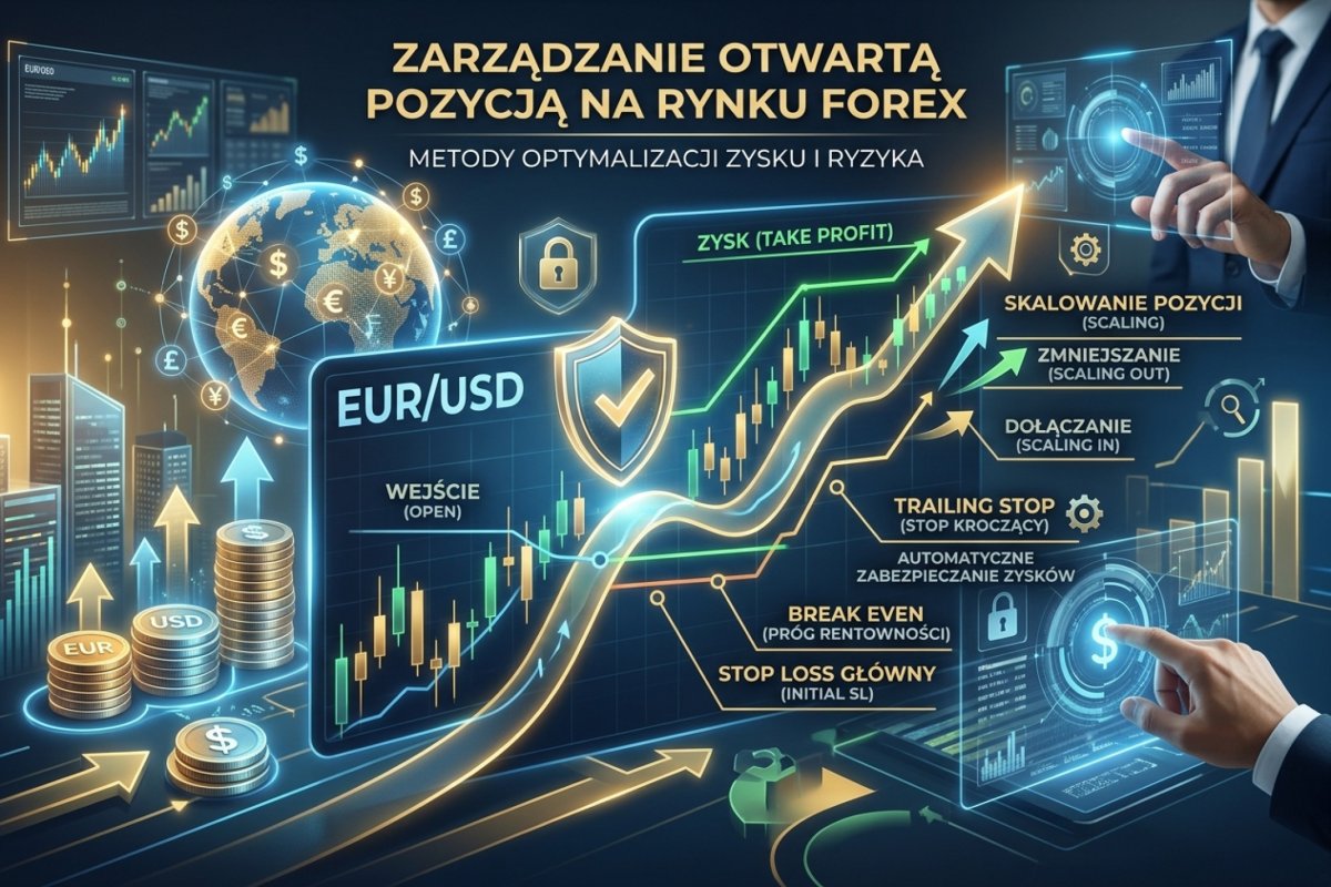 Zarządzanie otwartą pozycją — przesunięcie wyjścia obronnego na poziom otwarcia, wyjście podążające i skalowanie ekspozycji na przebiegu cenowym